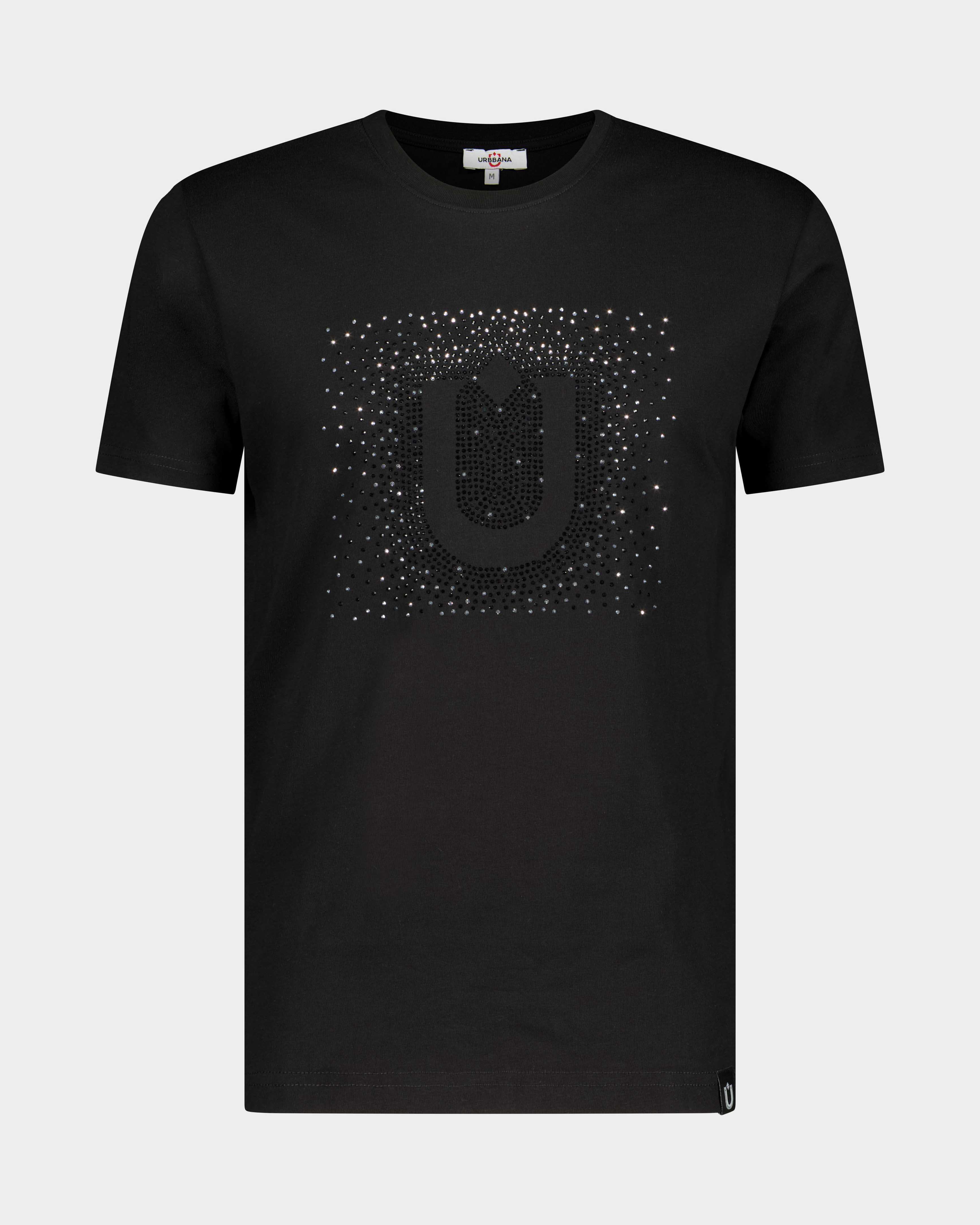 Fine Cotton T-shirt with Crystal U Embellishment - Black