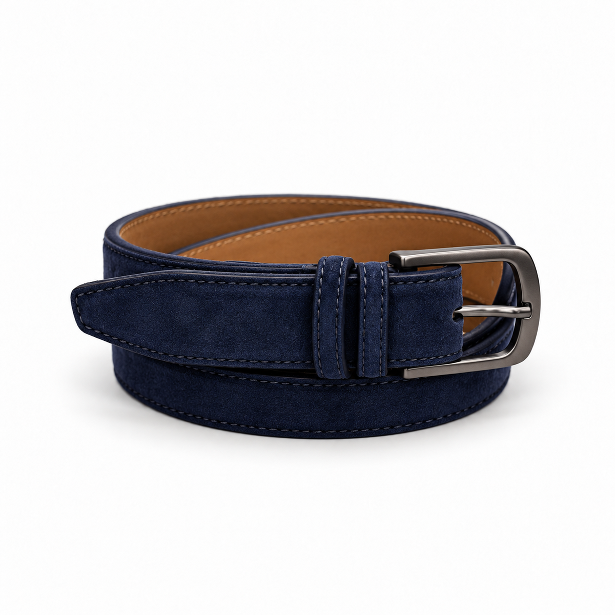 The Ale Navy Suede Belt — studio product view