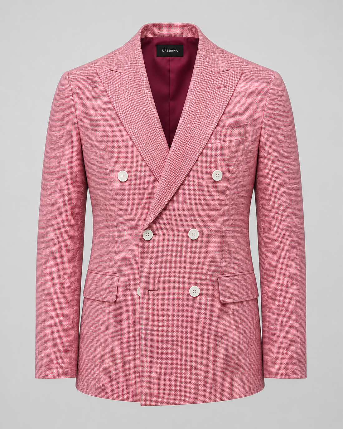 Rose pink Ascot double-breasted blazer with peak lapels and white buttons.