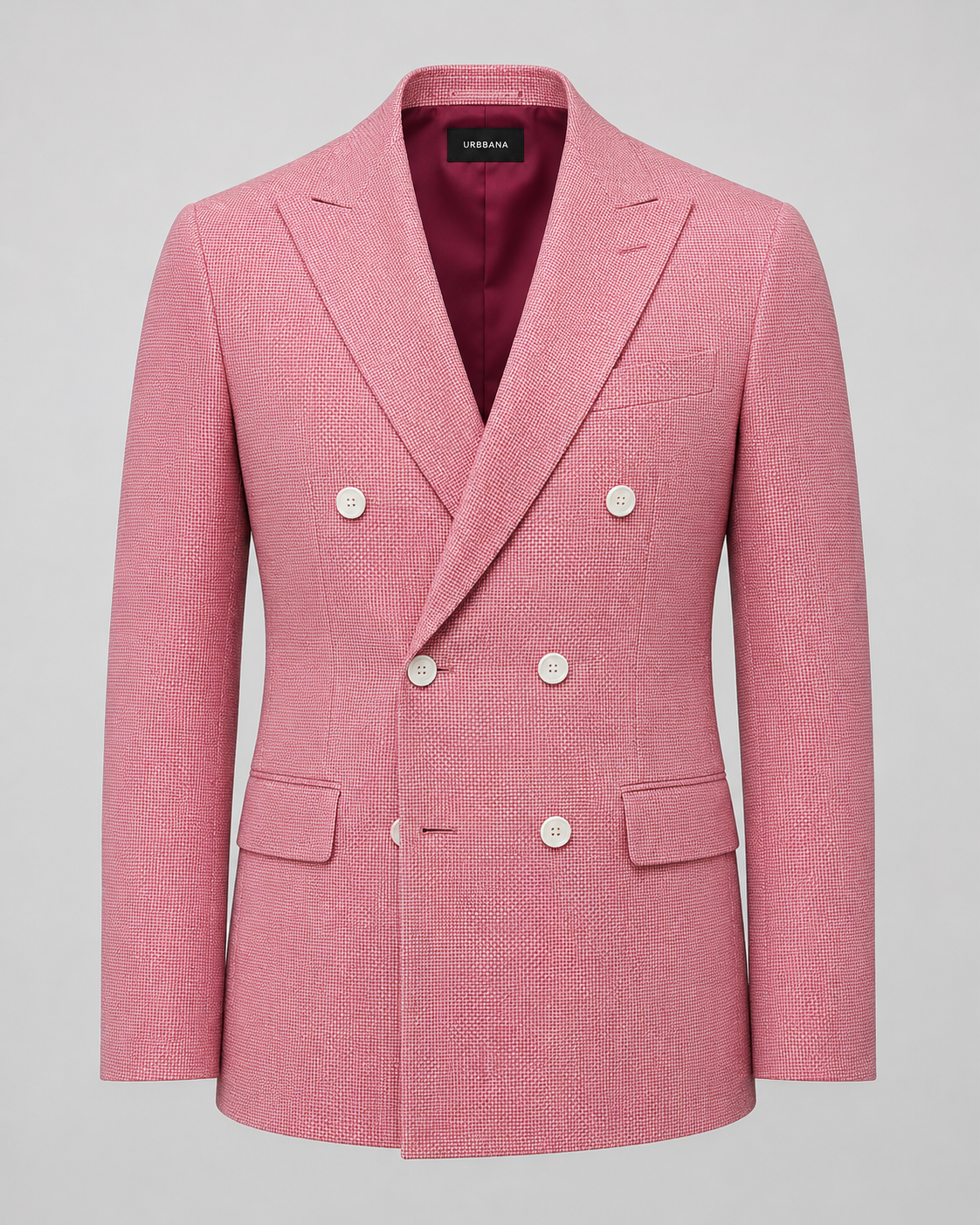 Rose pink Ascot double-breasted blazer with peak lapels and white buttons.