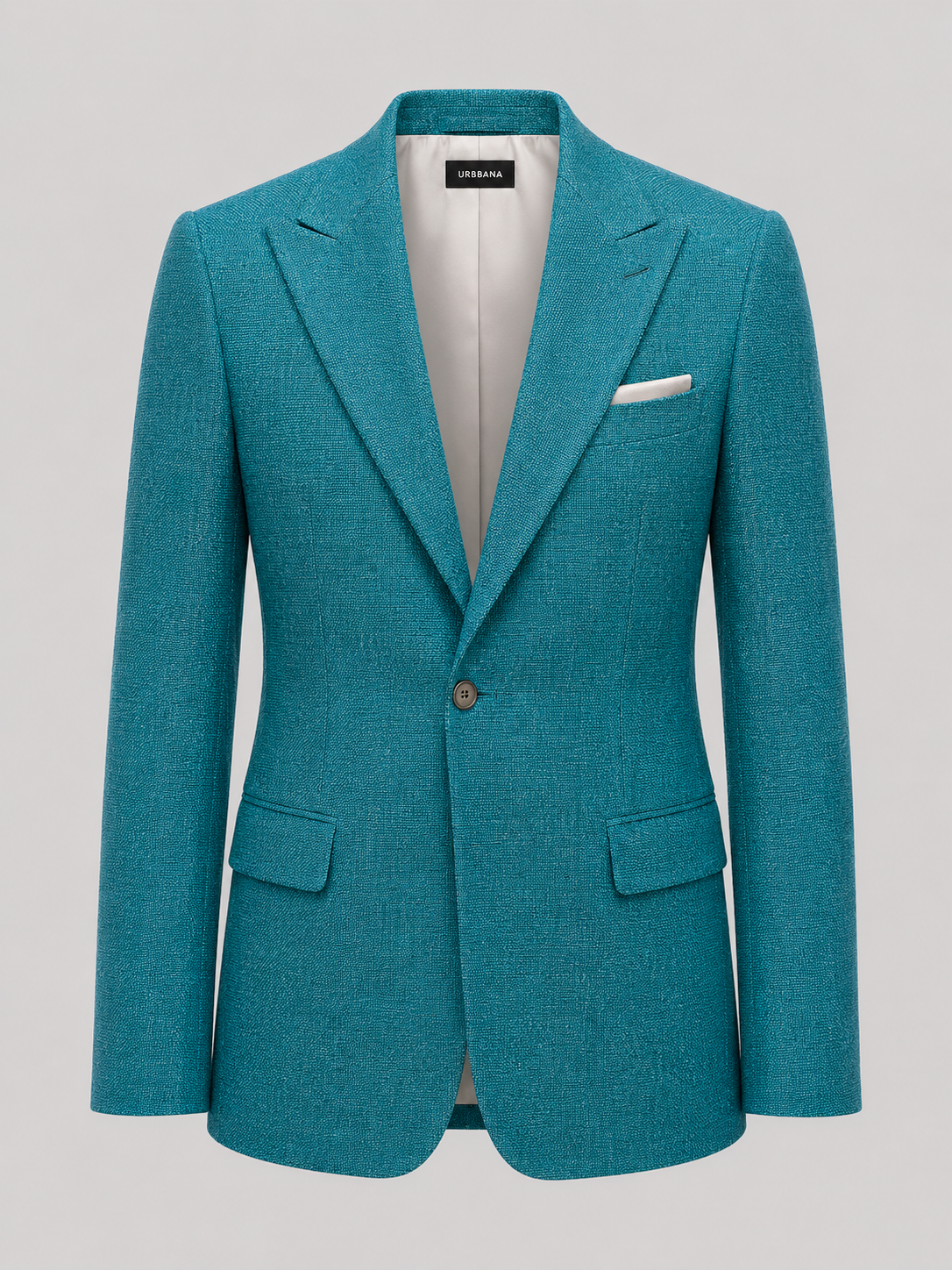 Teal blue Ascot single-breasted blazer with notch lapels and flap pockets.