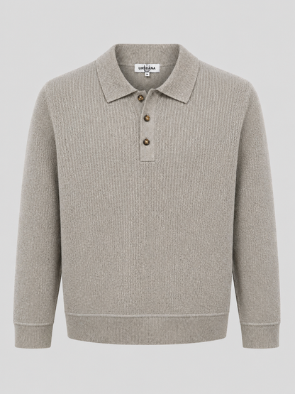 Beige long-sleeve knitted polo shirt with brown buttons.