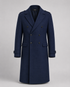 Navy Berlin double-breasted overcoat with wide lapels and flap pockets.