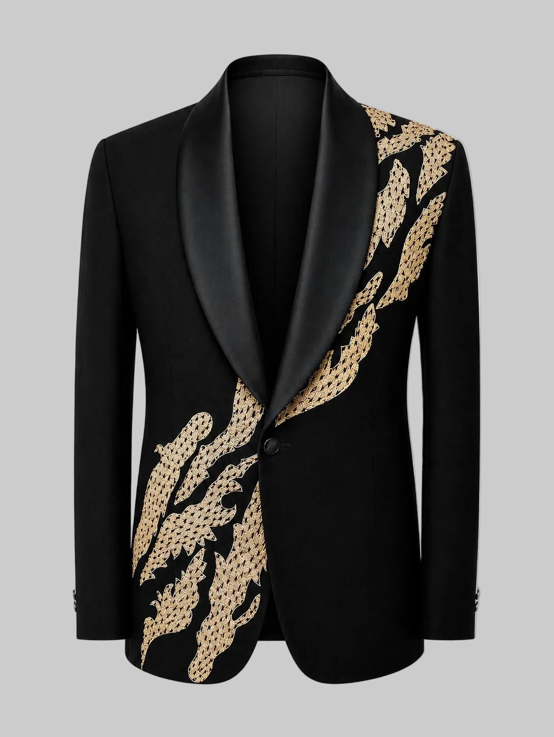 Black ceremony jacket with gold flame embroidery and black satin shawl lapels.