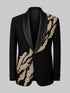 Black ceremony jacket with gold flame embroidery and black satin shawl lapels.