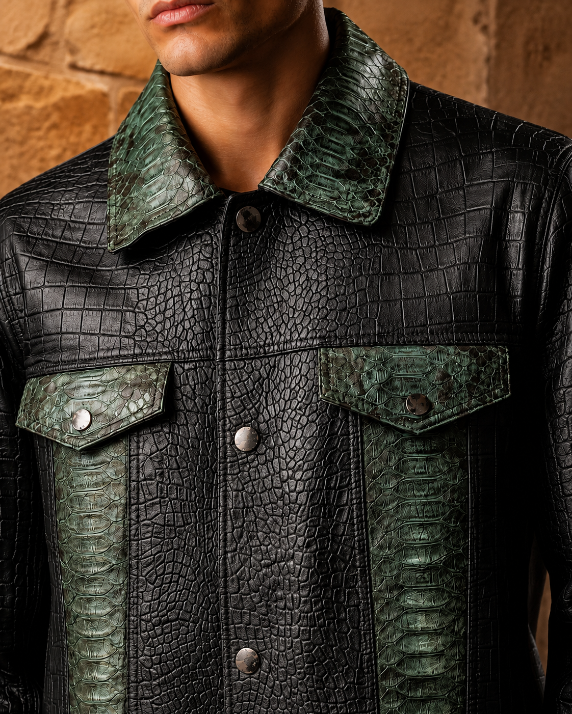 Close-up of a black and green textured leather jacket with flap chest pockets.
