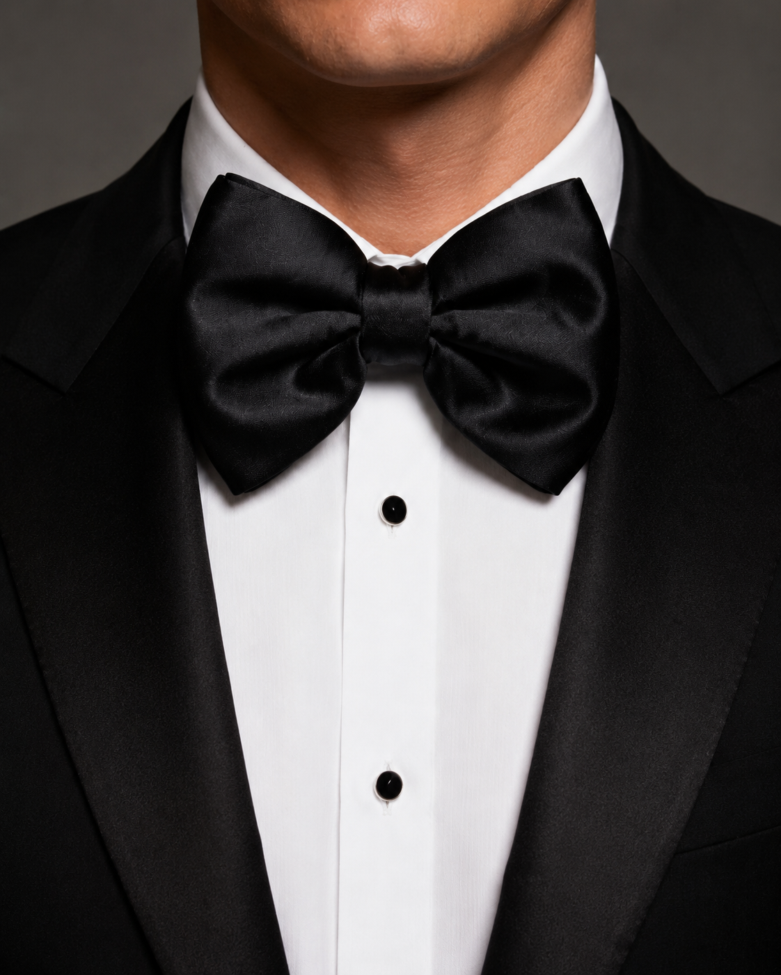 Black jumbo butterfly silk bow tie worn with a black tuxedo and white dress shirt.