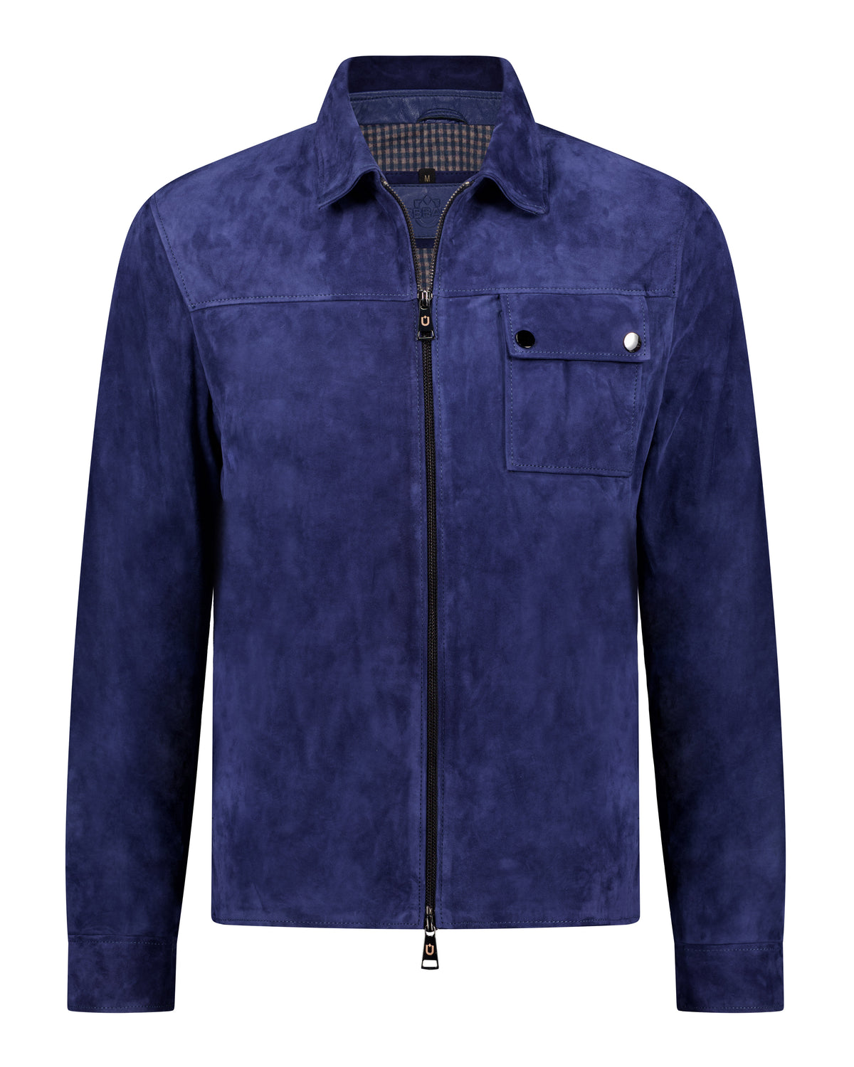URBBANA blue one-pocket suede trucker jacket.