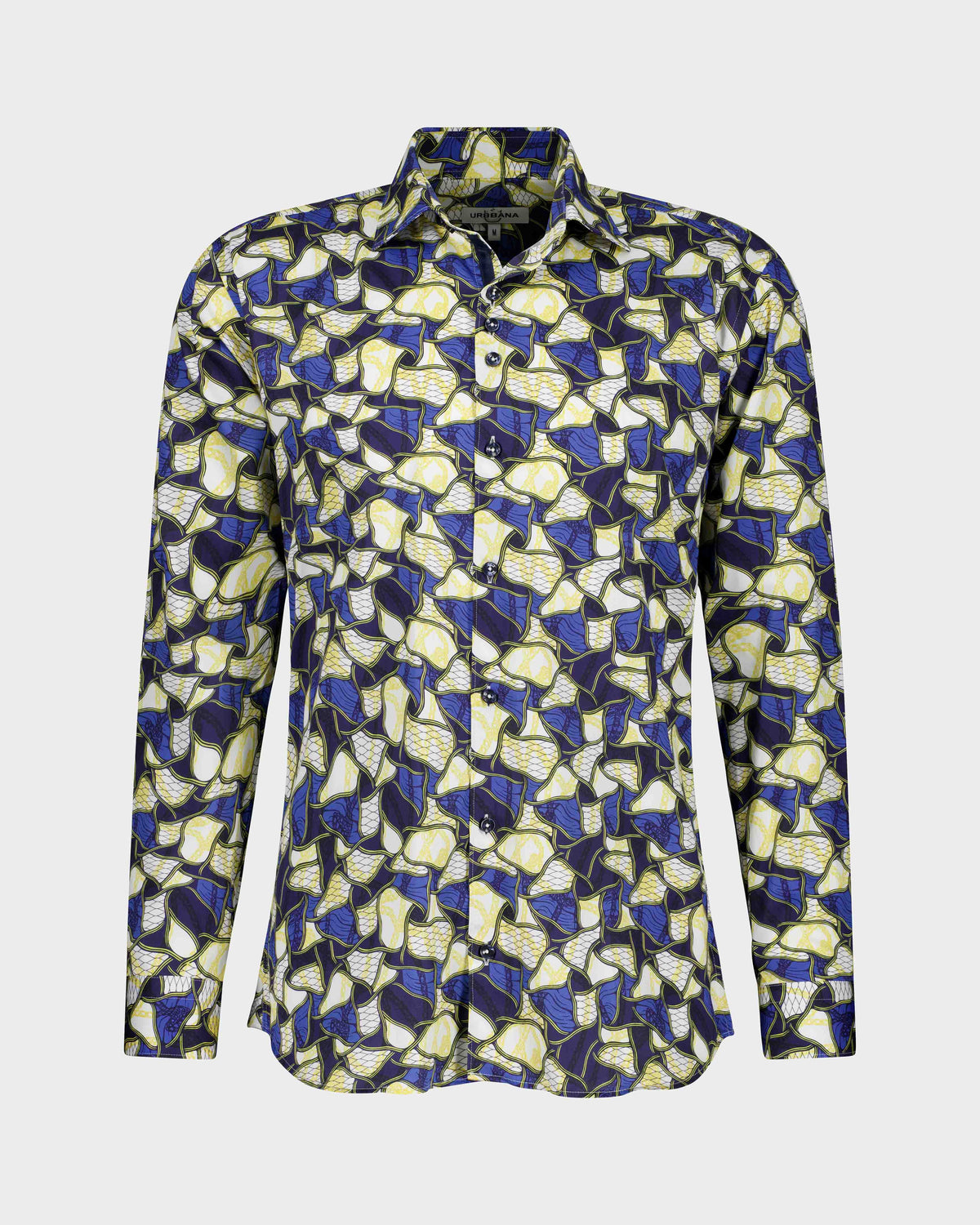 URBBANA blue and yellow Art Deco-inspired shirt.