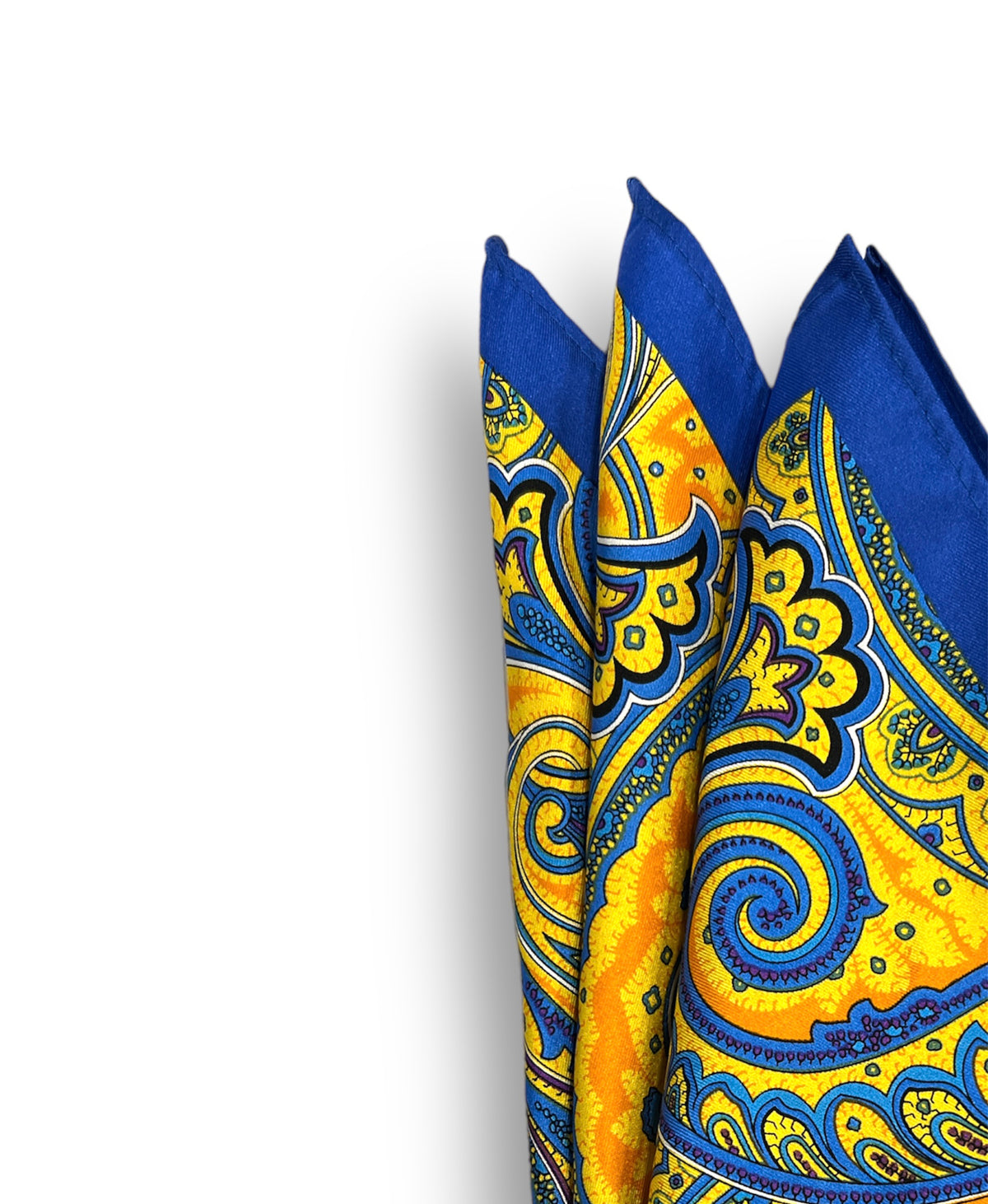 URBBANA blue and yellow paisley pocket square.
