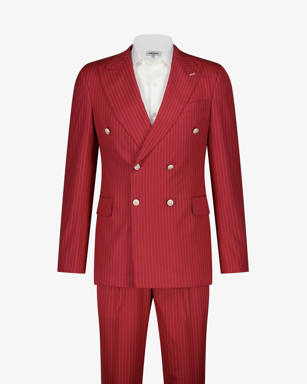 URBBANA Bogart red and white stripe double-breasted suit.
