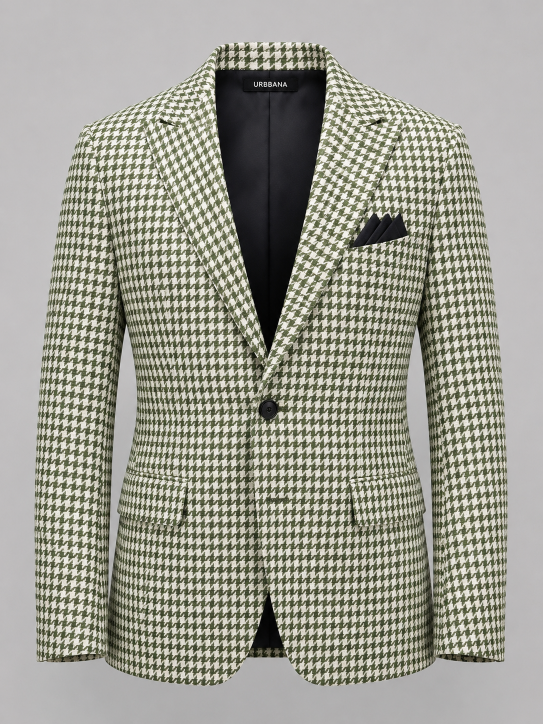 Green and ivory Brighton houndstooth blazer with notch lapels and flap pockets.