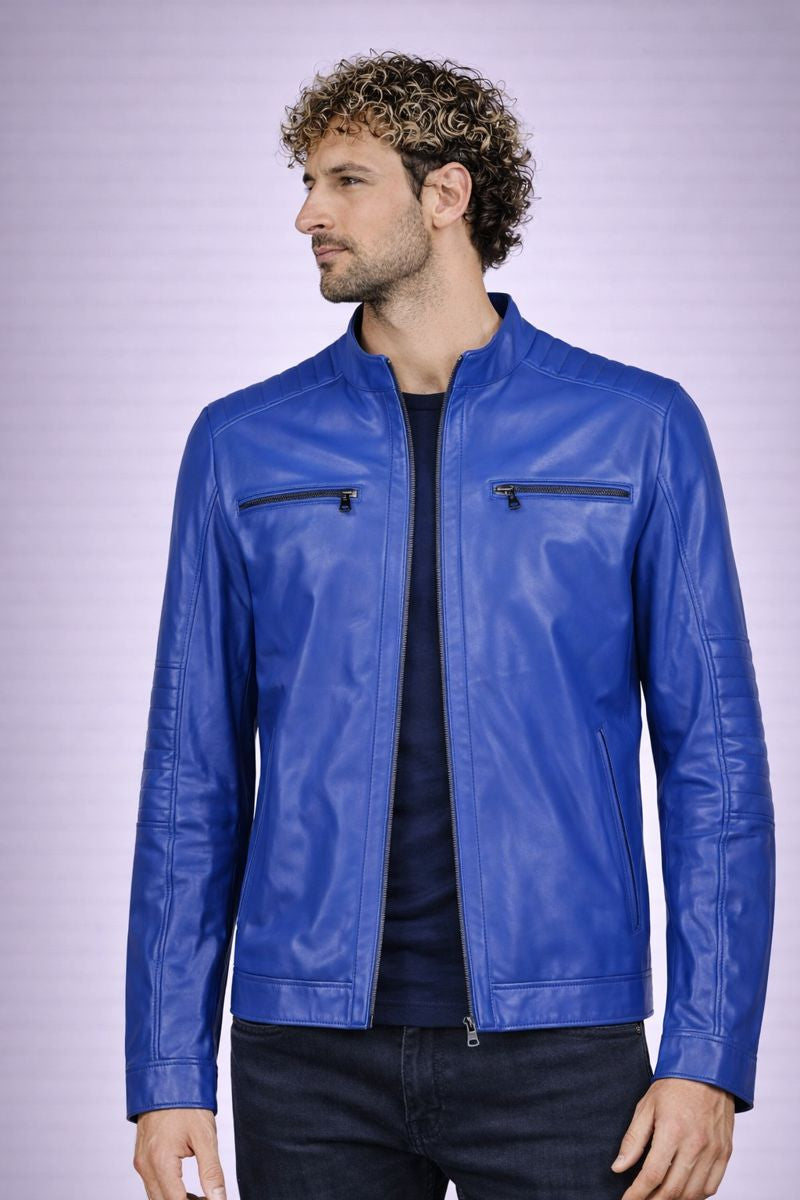 URBBANA Cafe Racer Leather Jacket Blue.