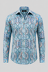 Dalí shirt with a teal and blue paisley print, shown from the front.
