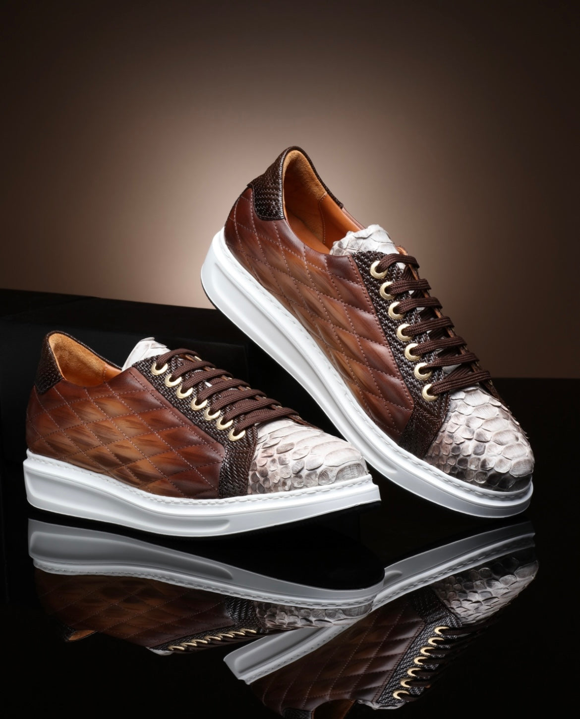 URBBANA Danilo brown and grey python sneakers.