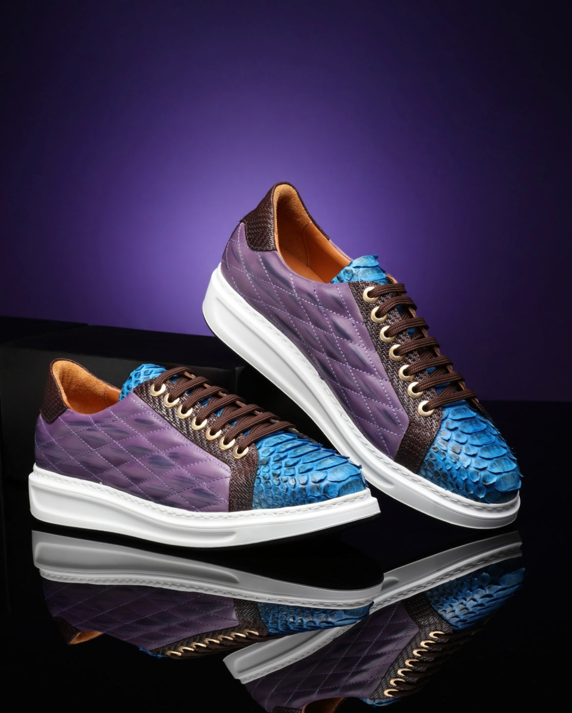 URBBANA Danilo purple and aqua-blue python sneakers.