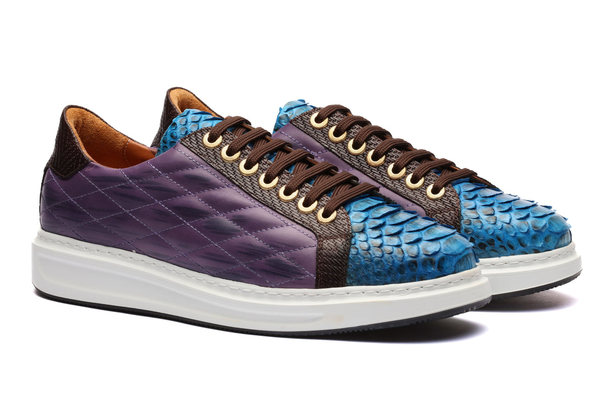 URBBANA Danilo purple and aqua-blue python sneakers.