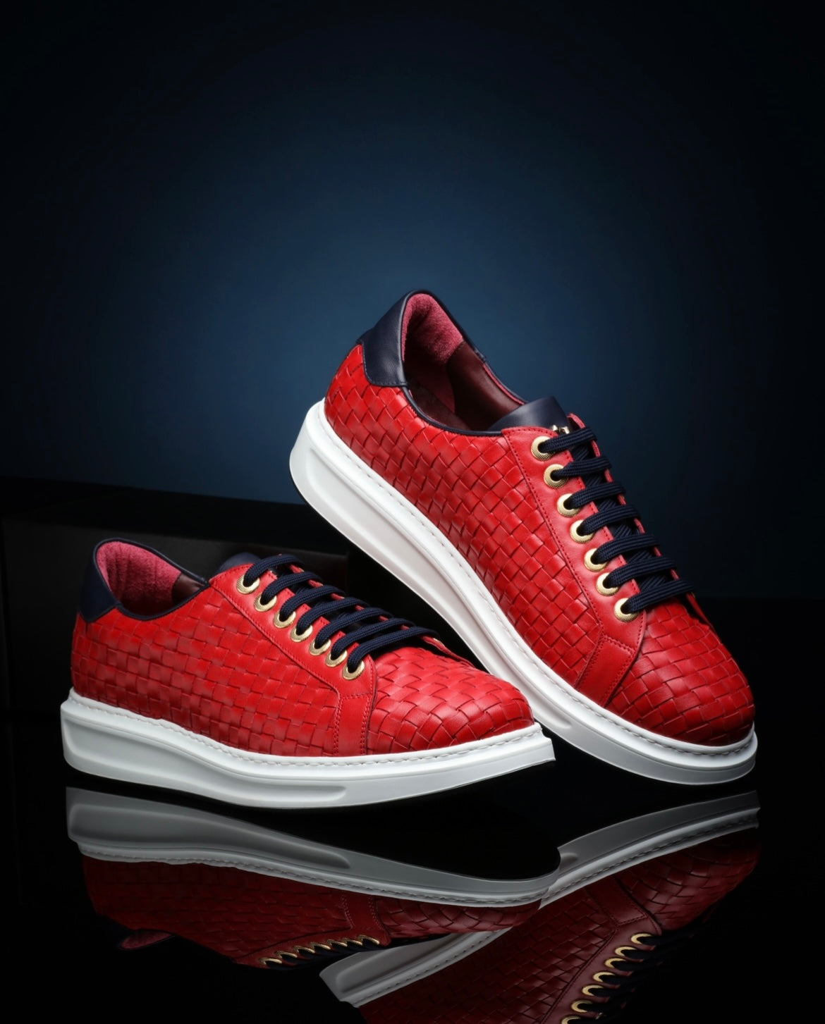 URBBANA Danilo red and navy braided sneakers.
