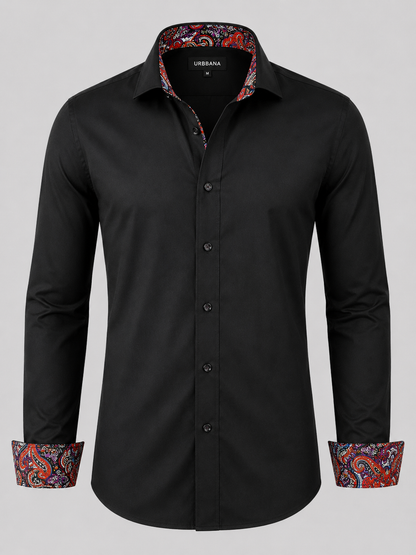 Black Dawson shirt with red and blue paisley collar and turned-back cuffs.