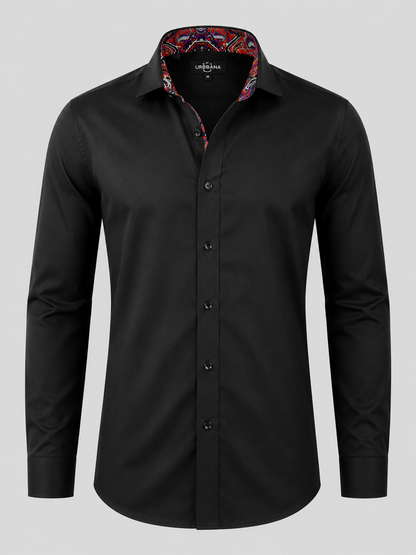 Black Dawson shirt with red and blue paisley collar lining, shown from the front.