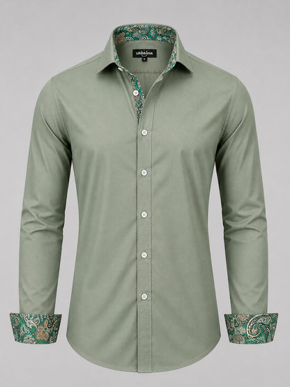 Pastel green Dawson shirt with green paisley collar and turned-back cuffs.