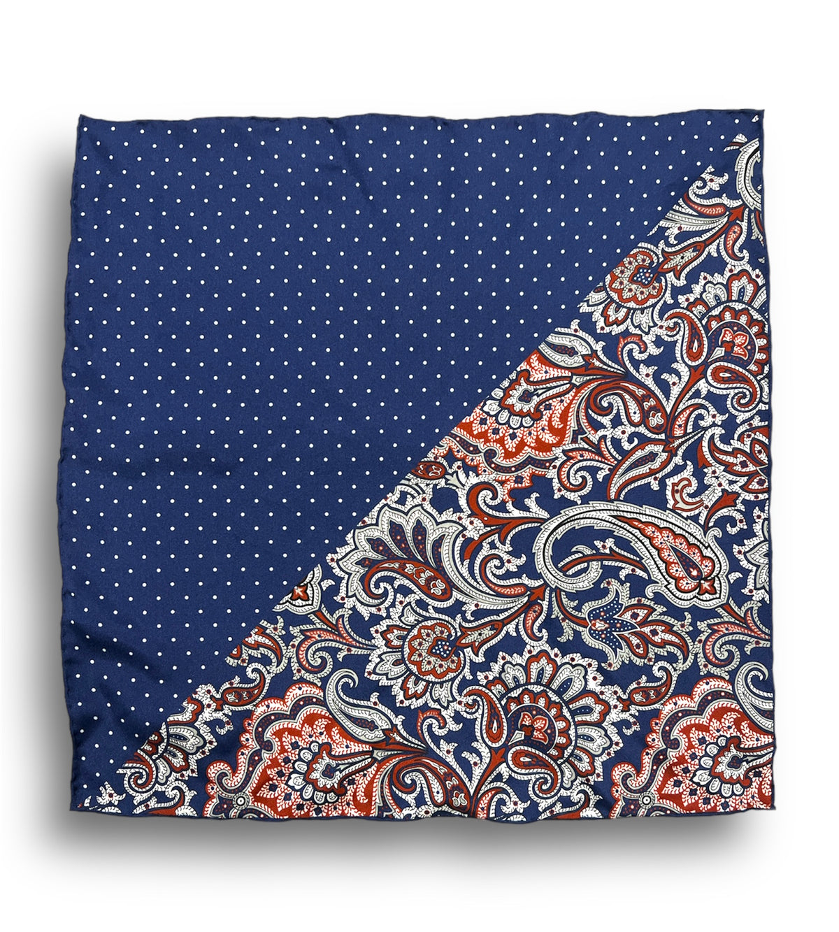 URBBANA dual-pattern navy pocket square with white dots and paisley.