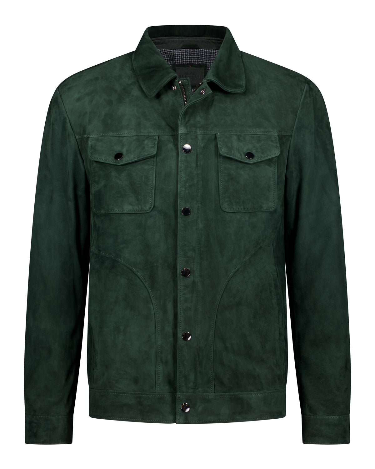 URBBANA emerald-green suede trucker jacket.