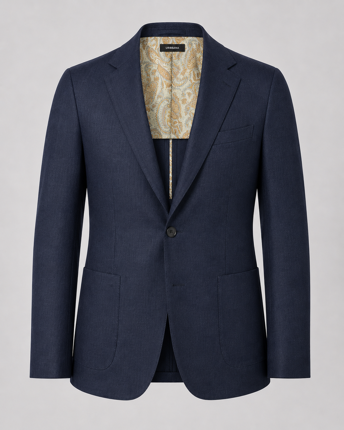 Dark navy Etreta linen blazer with notch lapels and patterned collar lining.