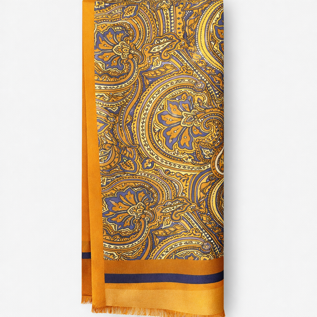 URBBANA gold patterned necktie displayed vertically on a light background.