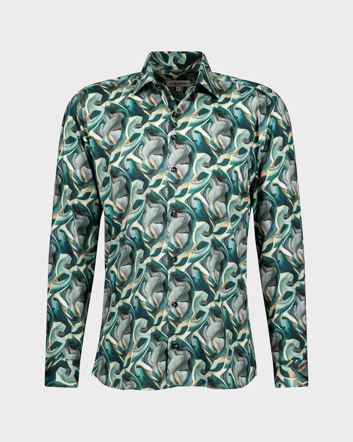 URBBANA green and gold shirt with Art Nouveau design.