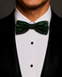 Green silk velvet bow tie worn with a black tuxedo and white dress shirt.