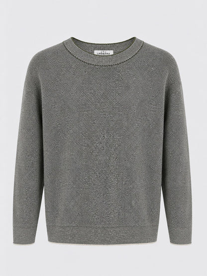 Grey long-sleeve knitted crew-neck sweater, shown from the front.