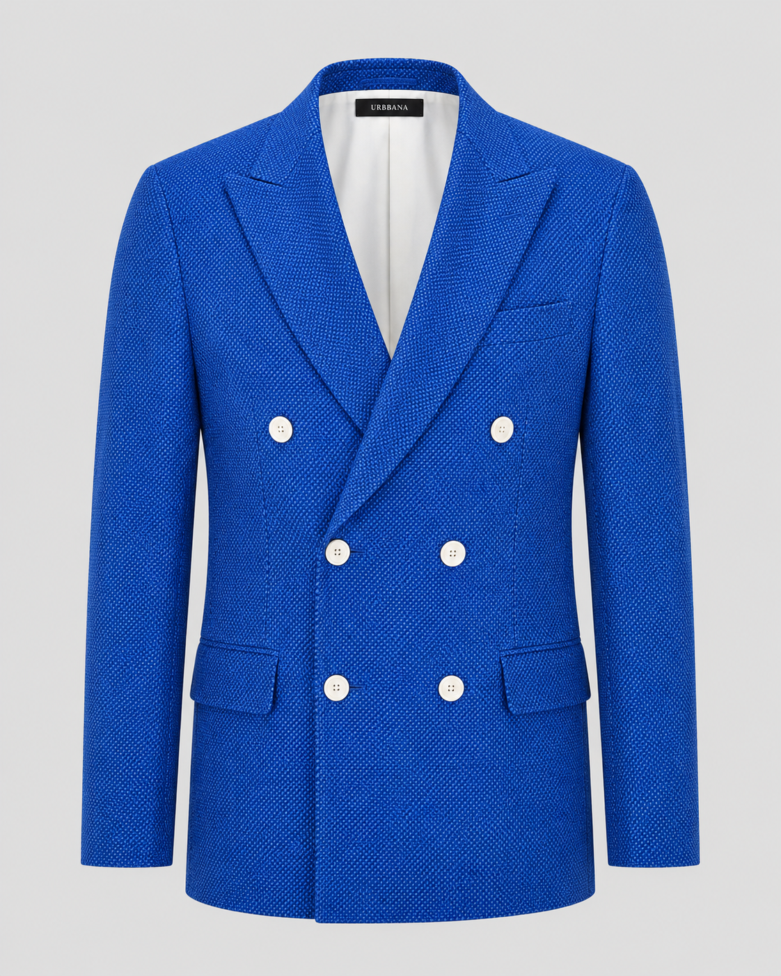 Cobalt blue Hamilton double-breasted blazer with peak lapels and white buttons.