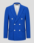 Cobalt blue Hamilton double-breasted blazer with peak lapels and white buttons.