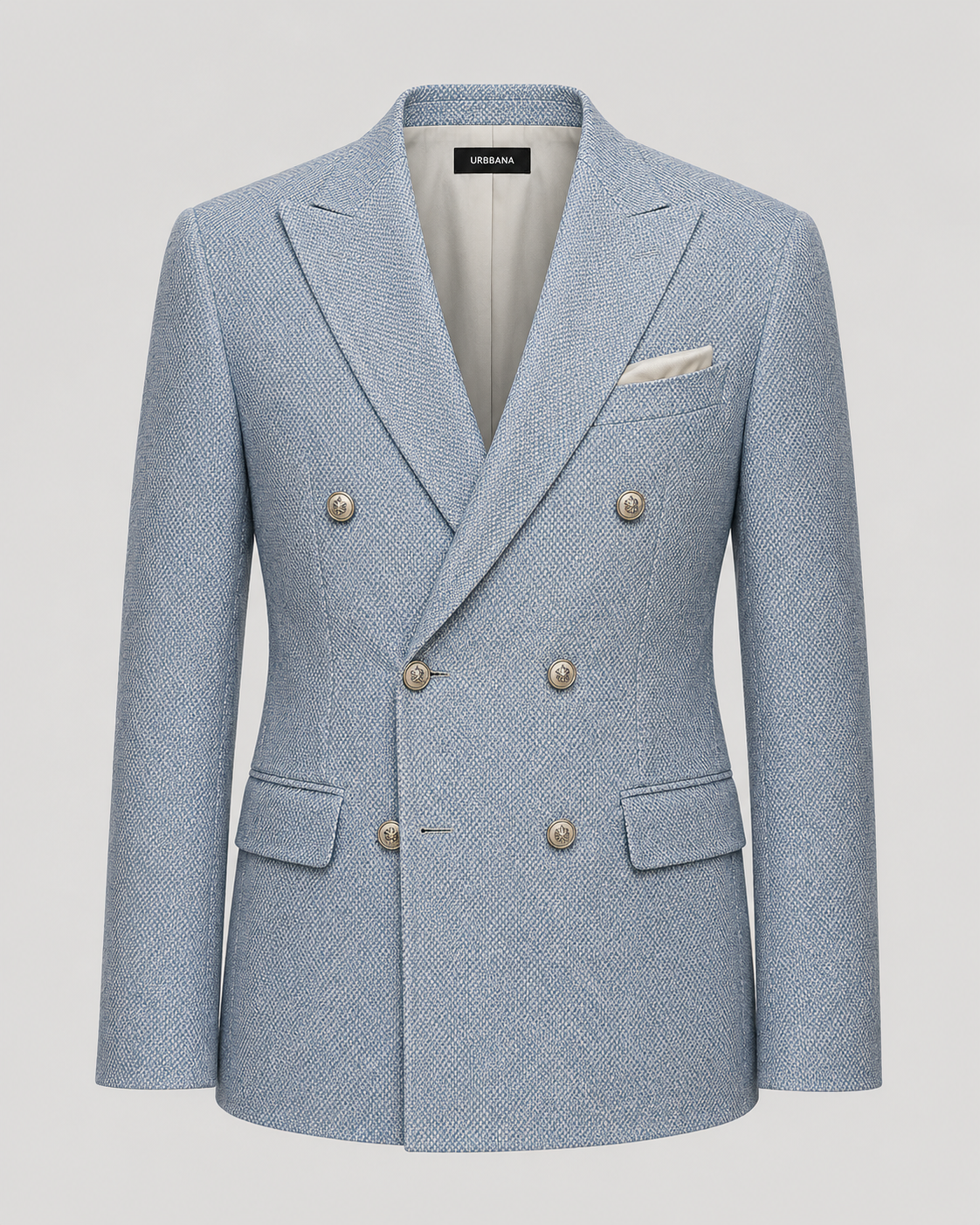 Light blue Hamilton double-breasted blazer with peak lapels and metallic buttons.