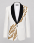 Ivory ceremony jacket with black shawl lapels and gold flame embroidery.