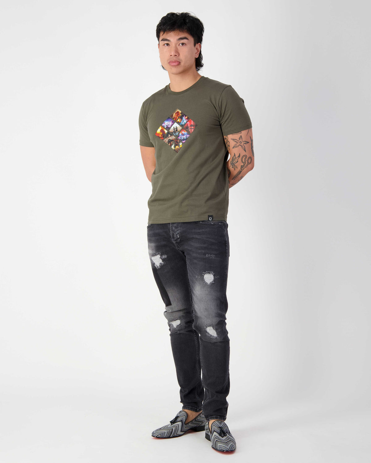 URBBANA khaki-green cotton T-shirt with music-bands rubber print.
