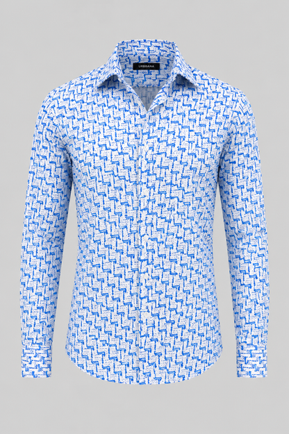 Klimt shirt with a light blue geometric print, shown from the front.