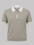Light grey short-sleeve knitted polo shirt with white trim.