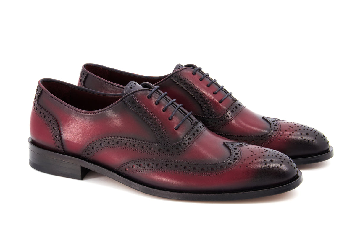 Madrid Patina Brogue Dress Shoes - Burgundy - Handmade Luxury Shoes by Urbbana