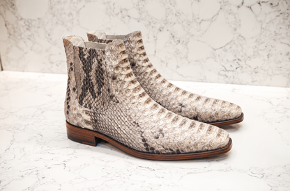 URBBANA Natural Snakeskin Chelsea Boots, angled pair.