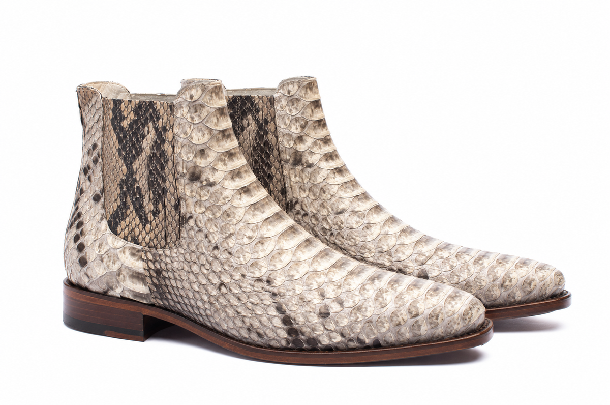 URBBANA Natural Snakeskin Chelsea Boots, studio pair.