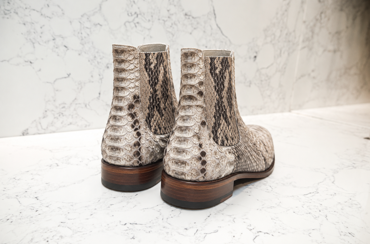 URBBANA Natural Snakeskin Chelsea Boots, rear view.