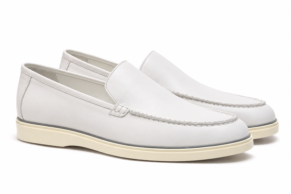 URBBANA Venetian Casual Loafer White, angled pair.