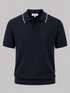 Navy short-sleeve knitted polo shirt with white collar trim.