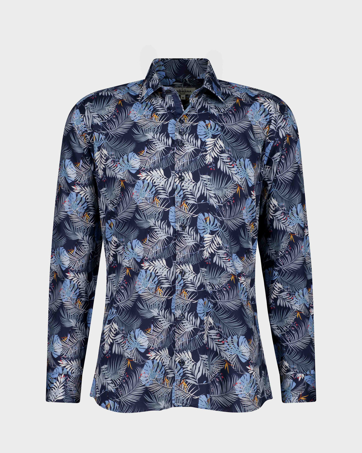 URBBANA navy shirt with palm fronds and yellow floral details.
