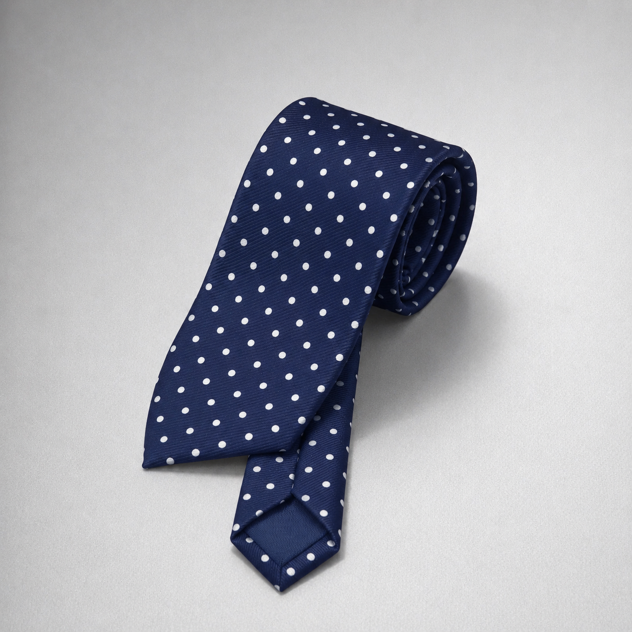 Navy silk necktie with white polka dots on a grey background.