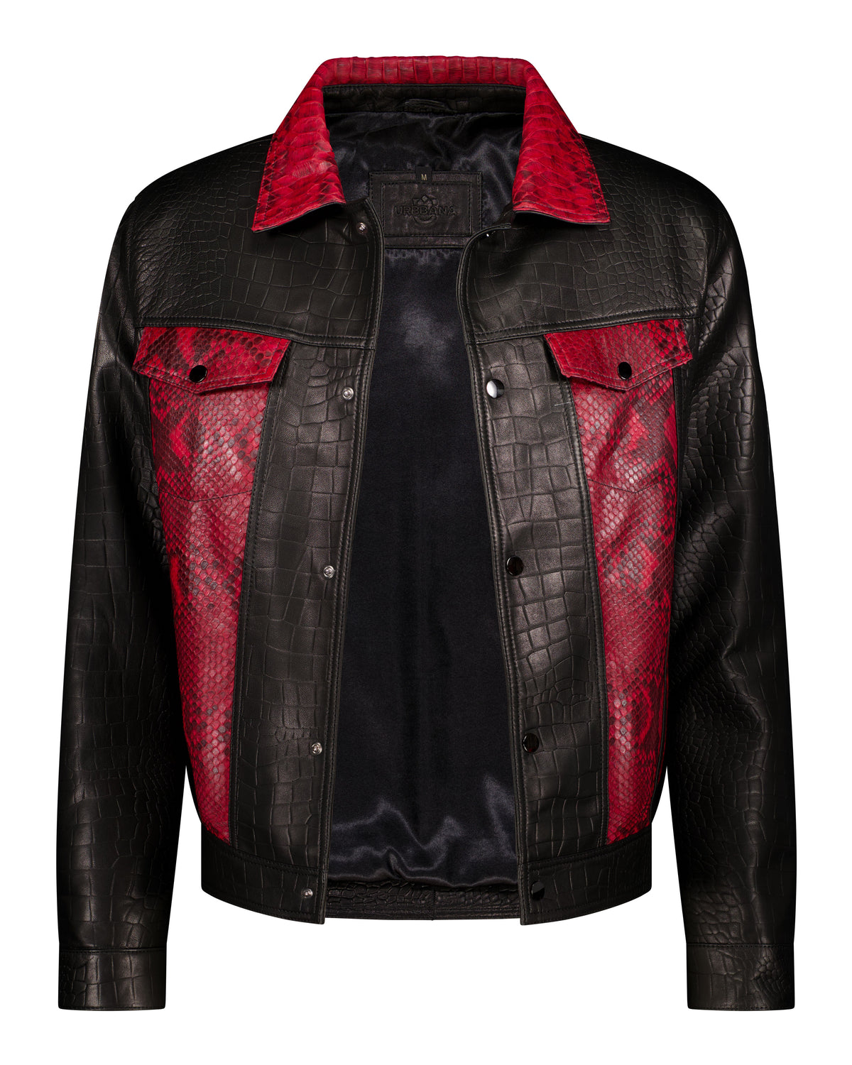 URBBANA Presley black and red python and lambskin jacket.