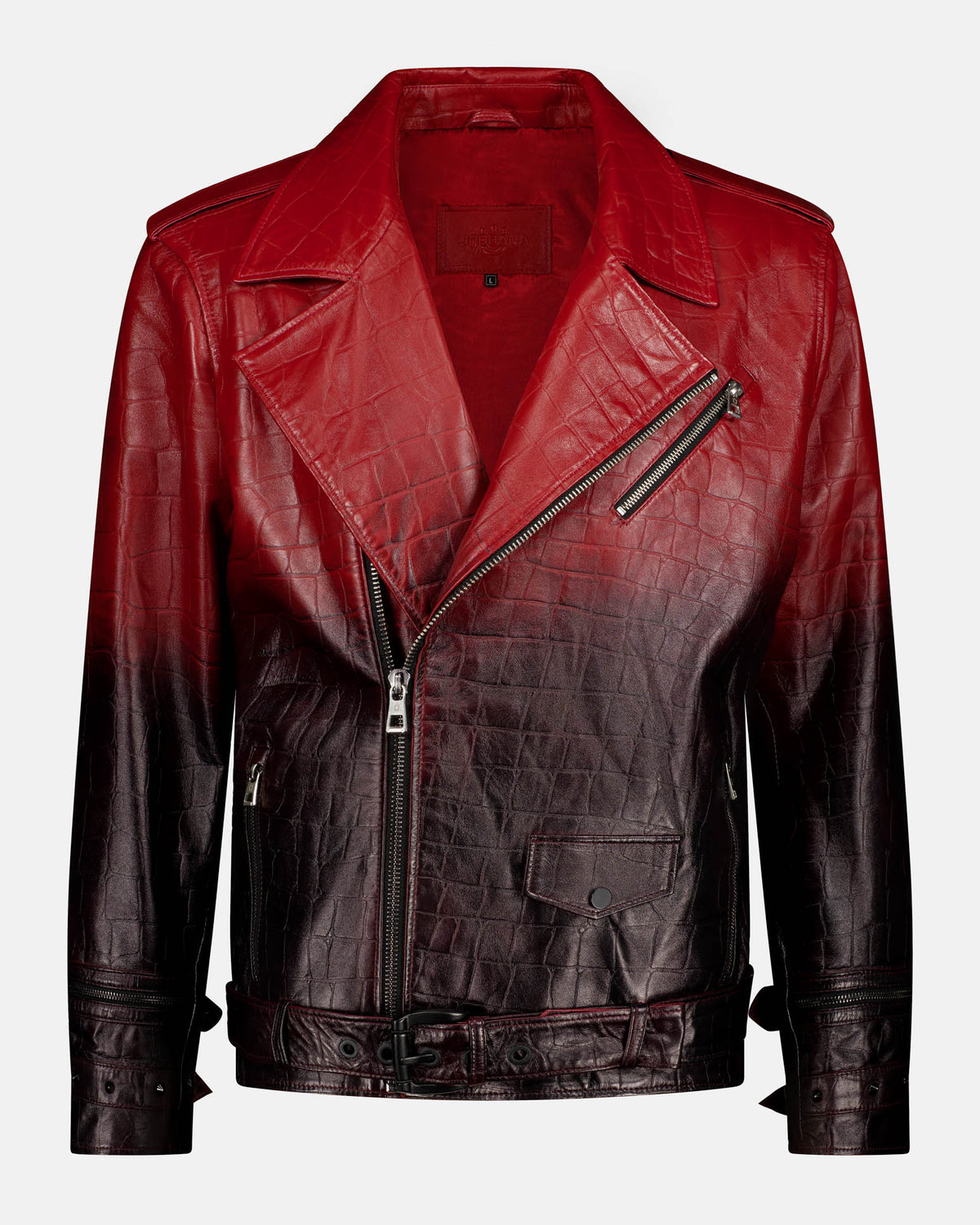 URBBANA red and black lambskin leather jacket.