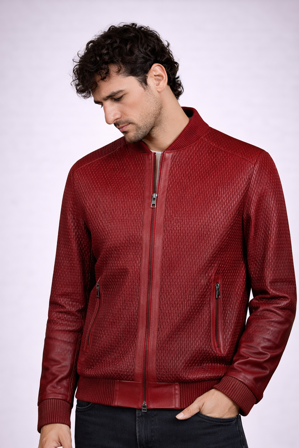 URBBANA red ruched leather jacket.